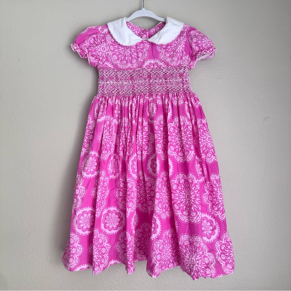 Marmellata Smocked Bohemian Pink and White Dress w/ Tie Back and Collar Size 4